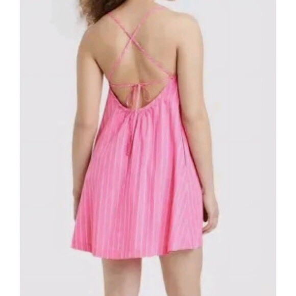 A New Day Pink White Striped Halter Shift Mini Dress XL Cotton Sleeveless - Picture 2 of 10